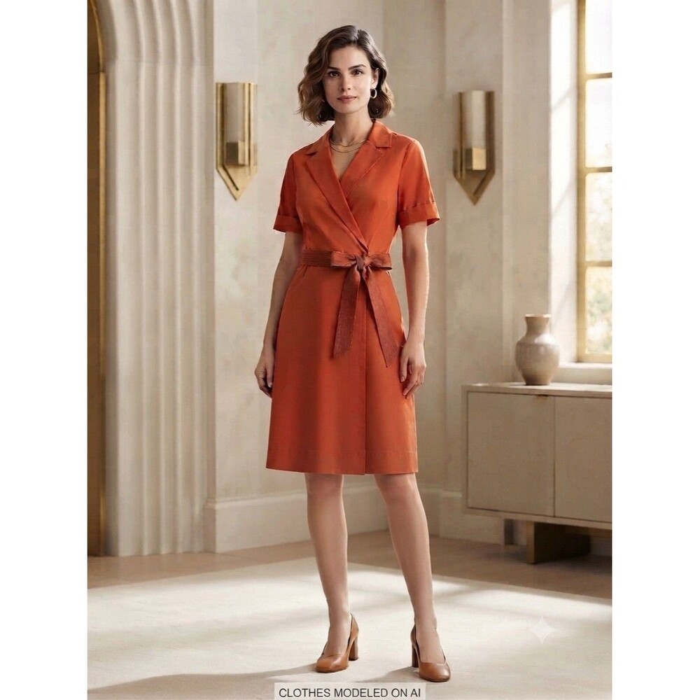 Brooks Brothers Women Orange Solid Wrap Dress Collared Short Sleeve Belted 10